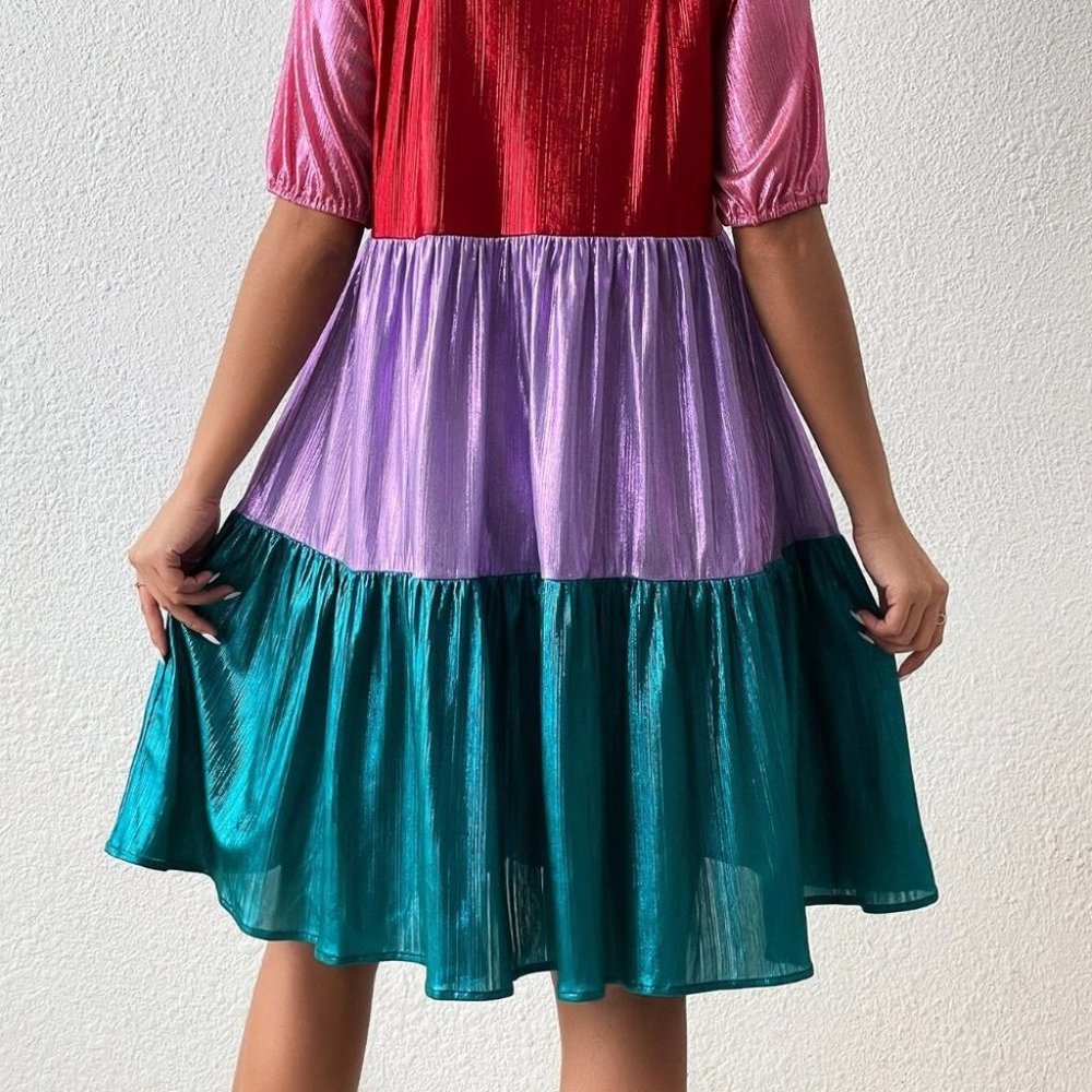 Multicolor Womens colorblock metallic button down shirt Dress - Picture 7 of 8
